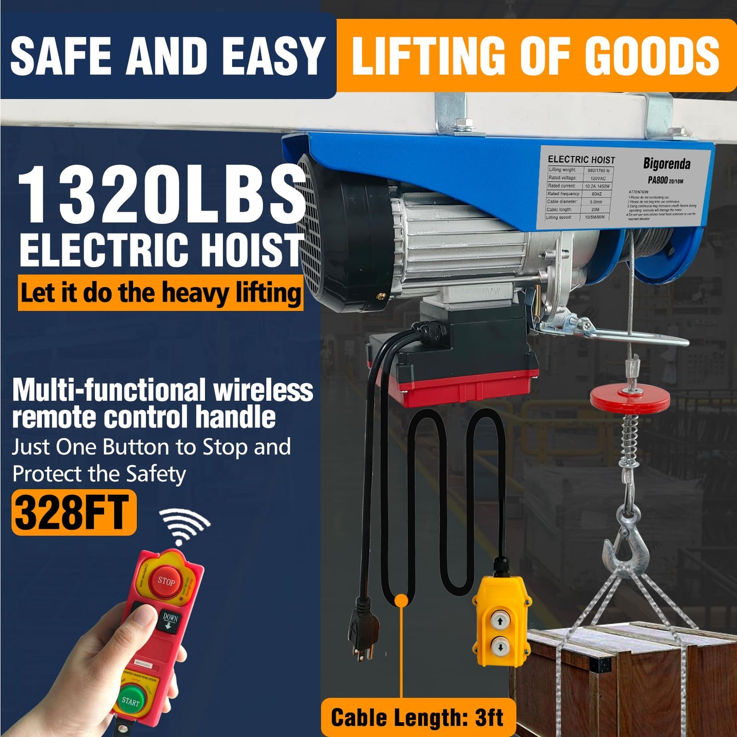 Bigorenda 1320lb Electric Hoist with Remote Control/Wired Control, Electric Hoist 2 in 1, 110v Electric Hoist with Single/Double Slings,65.6/33ft Lifting Height, for Factory Attic Garage Warehouse