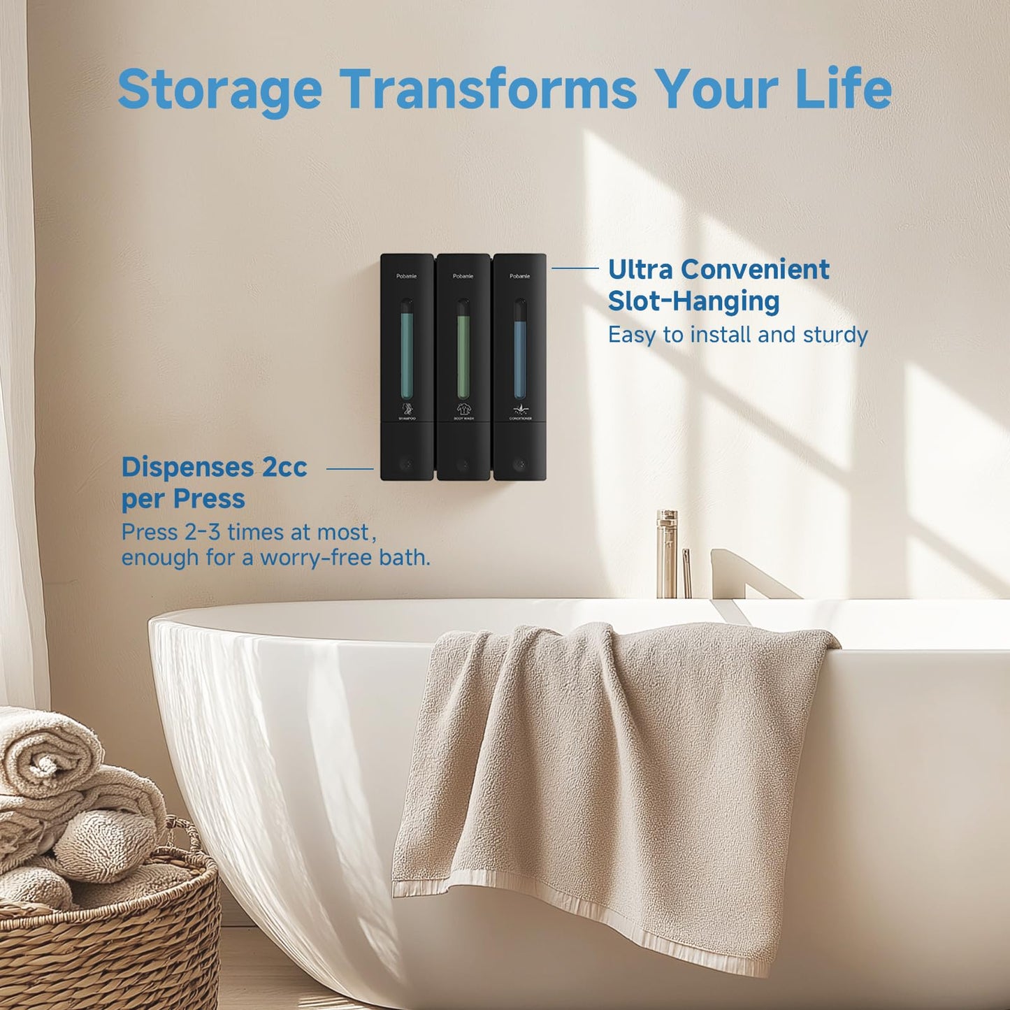 Pobamle Shampoo and Conditioner Dispenser - Shower Soap Dispenser Wall Mounted No Drill - Shampoo Conditioner Body Wash Dispenser 3 Chamber - Easy Install for Bathroom Hotel Black 1200ml