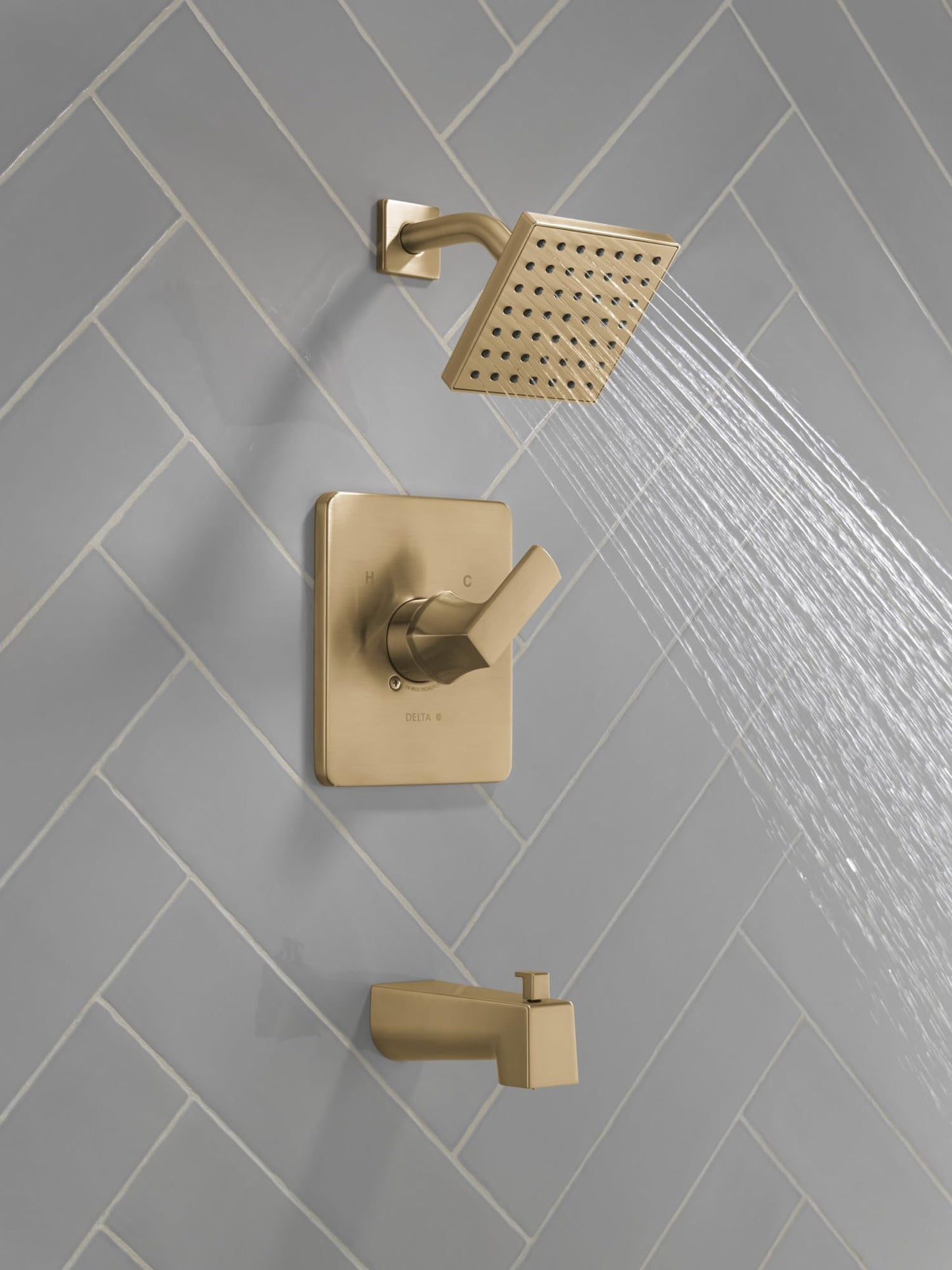 Delta Velum 14 Series Square Bathtub and Shower Faucet Set, Brushed Gold Shower Head and Handle Set, Valve Trim Kit, Champagne Bronze T14437-CZ (Valve Not Included)