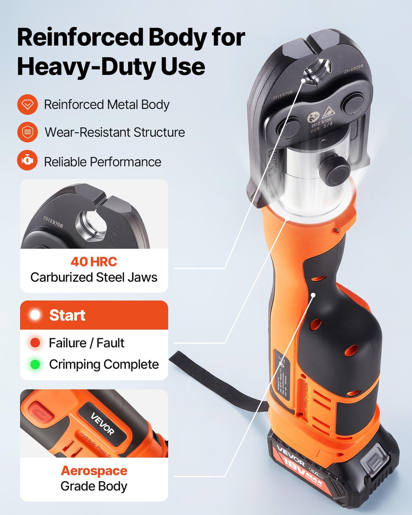 VEVOR Press Tool, 18V Electric Crimping Tool for 1/2", 3/4", 1", 1-1/4", 1-1/2", 2" Copper Pipes, 32KN Press Tool Compatible with ProPress - with 6 VUS Jaws, 2PCS 4AH Batteries, Charger & Toolbox