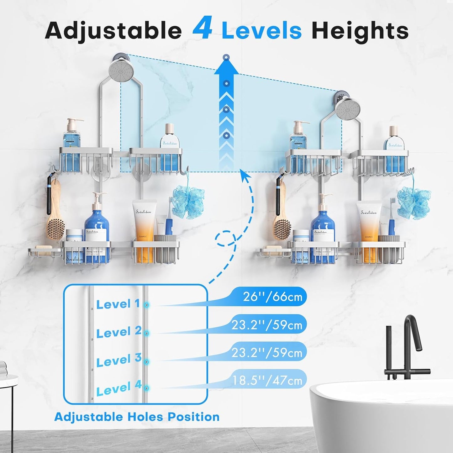 Sewulidon Aluminum Alloy Shower Caddy - Rustproof Hanging Organizer with Adjustable Height & Hooks