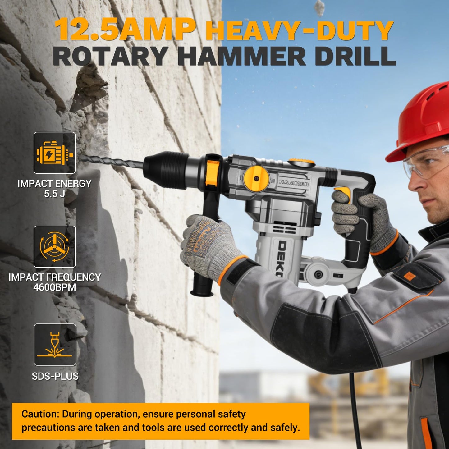 1-1/4 Inch SDS-Plus Rotary Hammer Drill, 12.5Amp Electric Heavy Duty Hammer Drill Corded with 4 Functions, Demolition Hammer for Concrete with Drill Bits and Chisels, Safety Clutch & Vibration Control