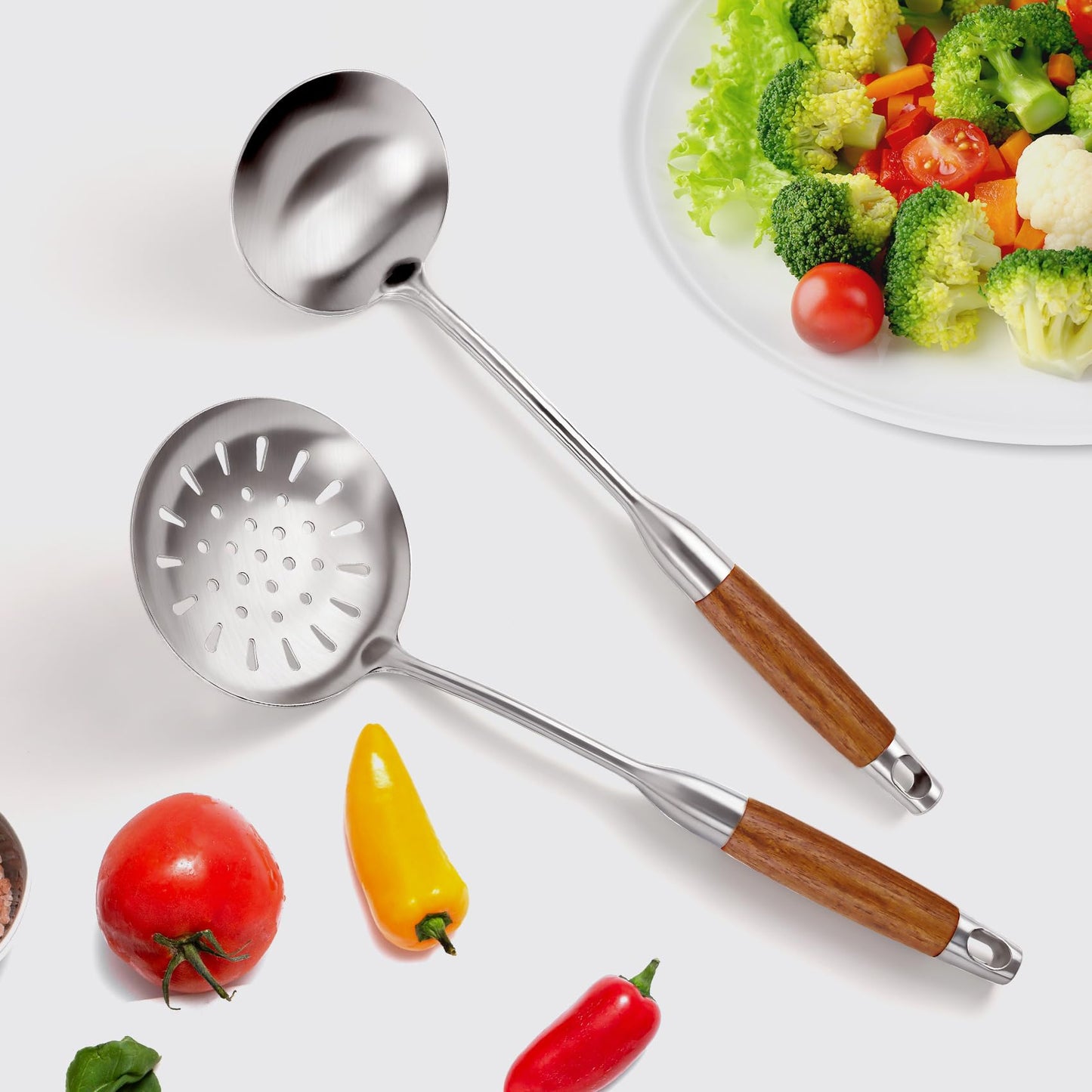 2PCS Soup Ladle Stainless Steel and Slotted Spoon Set, 304 Wok Utensils Set with Wooden Handle, Metal Strainer Spoon for Cast Iron/Carbon Steel Wok