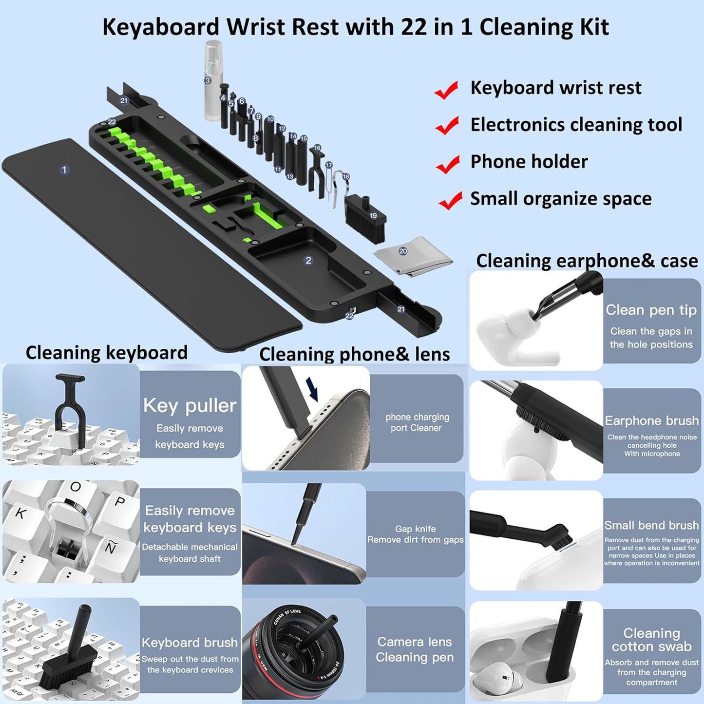 22 1 Ergonomic Keyboard Wrist Rest Cleaning Kit, in Cleaning Kits Wrist Rest for Keyboard, Non-Slip Springy Sponge