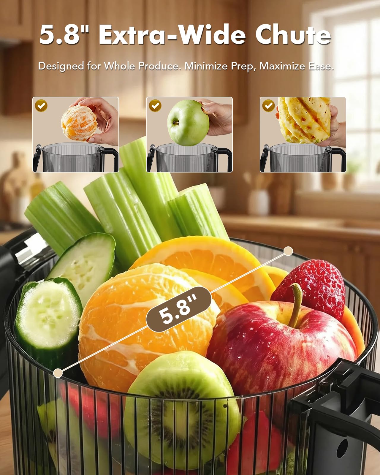 HOMEASY Cold Press Juicer Machines, 5.8'' Large Feed Chute for Whole Fruits and Vegetables, 300W Slow Masticating Juicer, High Juice Yield, 5 Smart Modes, Easy to Clean