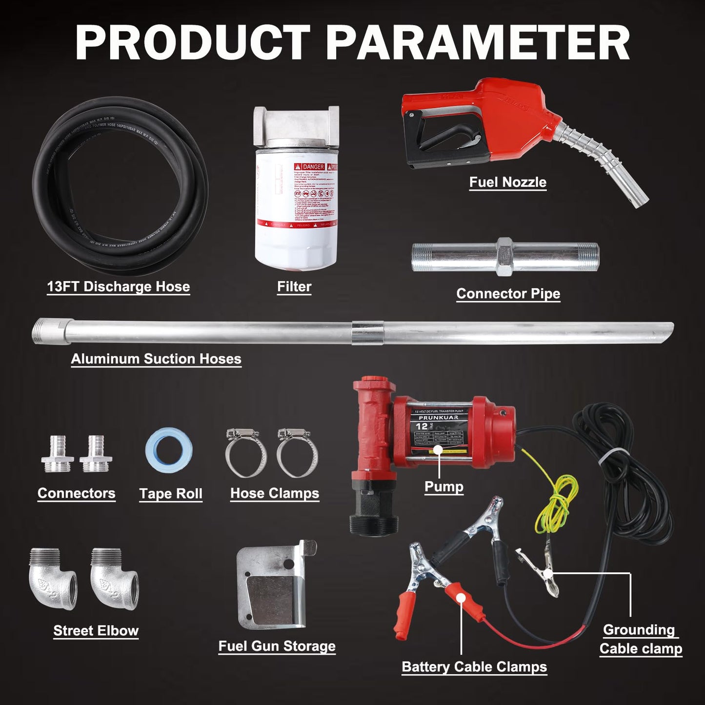 12V DC 12GPM Gasoline Fuel Transfer Pump Kit, Overheat Protection, Explosion-proof, Suitable for Gasoline, Diesel, Mineral Oil, Kerosene with Particulate Filter with Automatic Nozzle & Hose Kit