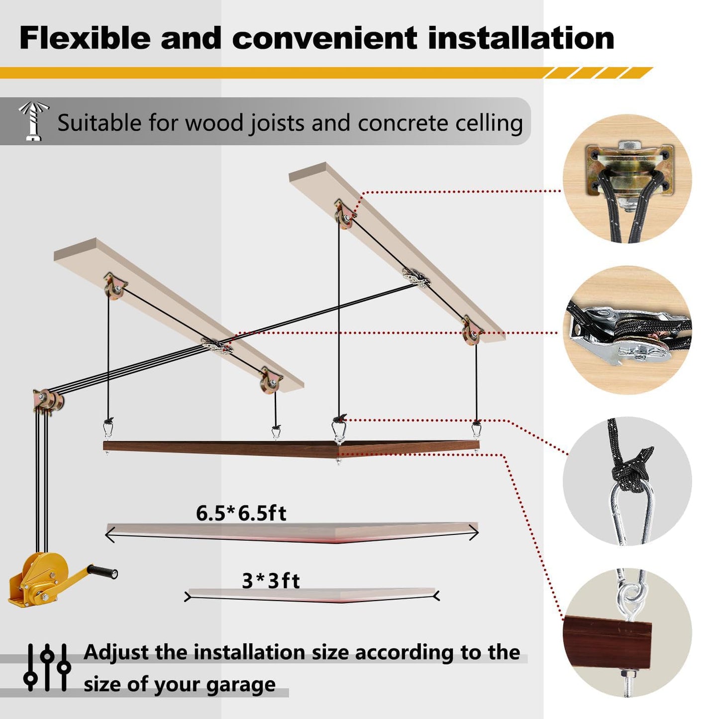 Overhead Garage Storage Lift - Heavy Duty Ceiling Mounted Garage Storage Lift System for Organization - 300lbs Weight, Supports 8-16ft Ceilings, Compatible Bronco, Weight, Wrangler (Deck Not Includ)