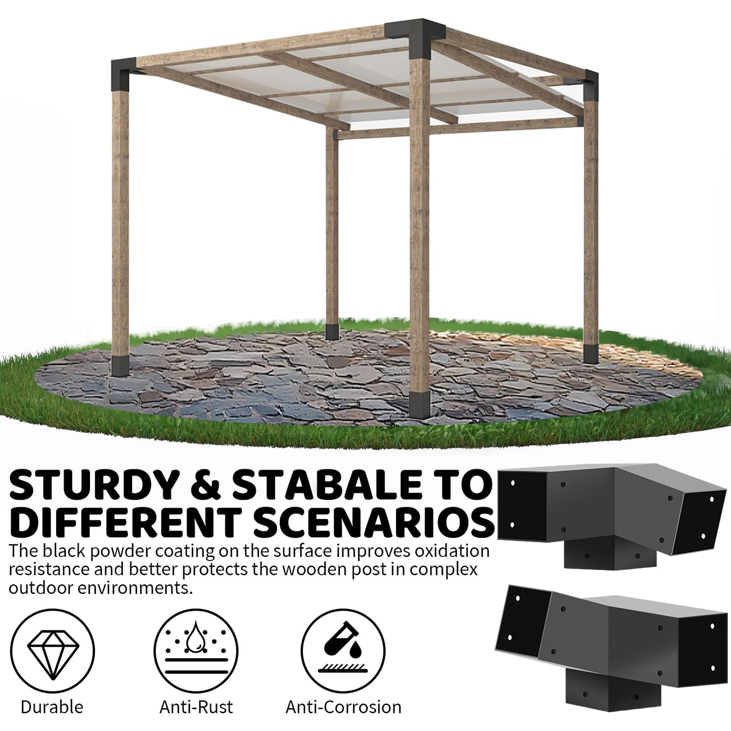 DEVALLEY 3-Way Slant Angle Pergola Brackets Kit,15 Degree UP & 75 Degree Down Right Corner Woodwork Brackets for 4" x 4" (Actual:3.5"x3.5") Lumber for Patio Pergolas,Gazebos,Log Cabin - 4 Pack……