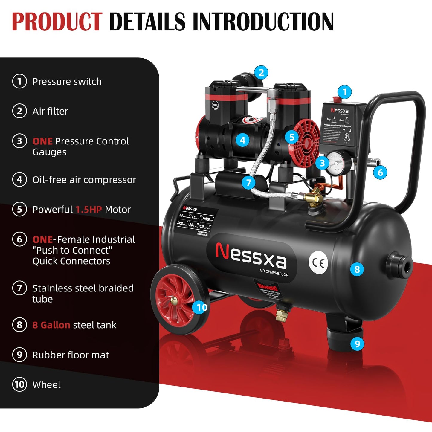8 Gallon Ultra Quiet Air Compressor, 1.5HP 4.52 CFM, Max 115 PSI Oil-Free Air Compressor Tank for Car Repair, Spray Painting, Woodwork Nailing, 110V/60hz, 70dB