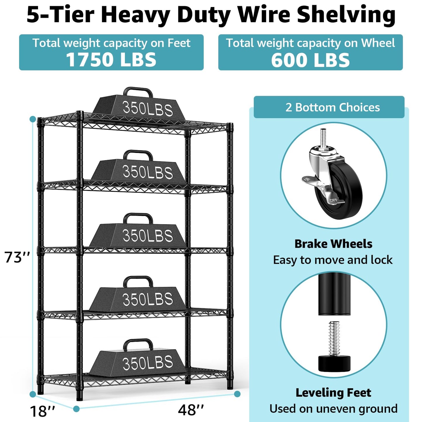 M MZG 5-Shelf Storage Shelves,Wire Shelving Heavy Duty Metal Storage Shelving Unit Adjustable Garage Shelving Rack Pantry Kitchen (Black, 5 Tier,17.7" D x 47.2" W x 76.7" H)