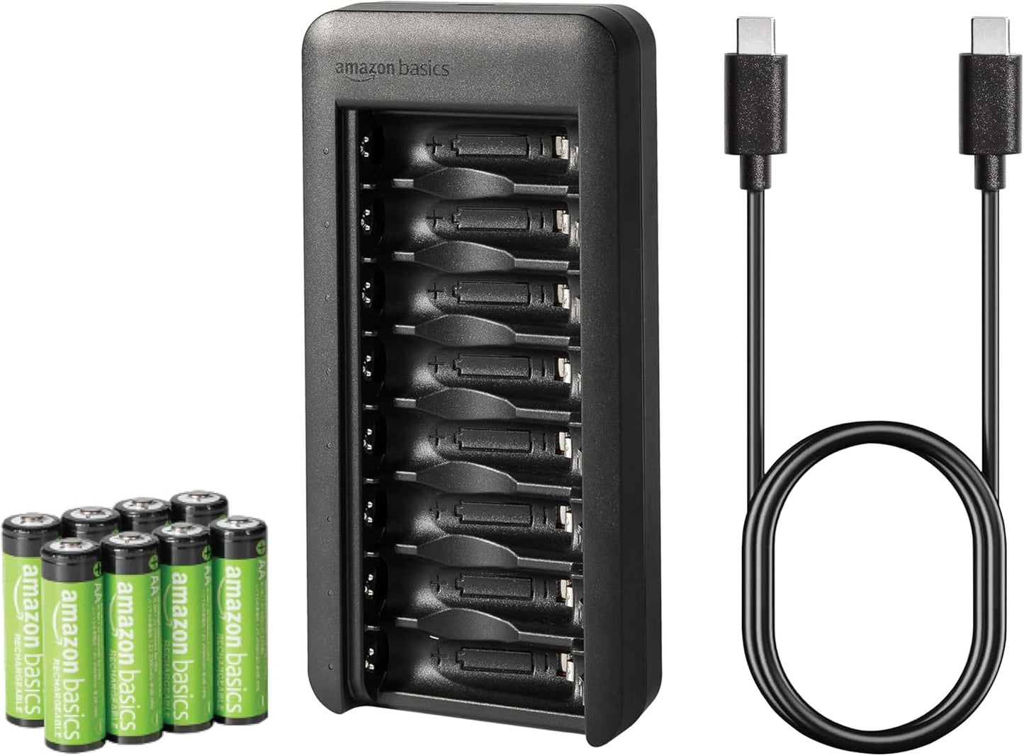 Amazon Basics 8-Bay 8 Count, Rechargeable AA Low Self Discharge NiMh Batteries with Battery Charger, USB-C Port, No AC