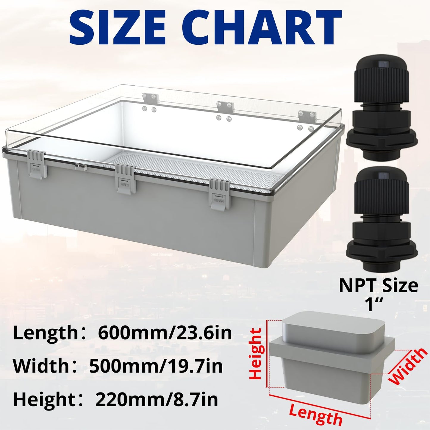 MAKERELE Extra Large Outdoor Electrical Box Waterproof IP67 large Junction Box 2 NPT 1”Glands and Adjustable Clamp*2 Hinged Cover Waterproof Clear Box (23.6"*19.7"*8.7")