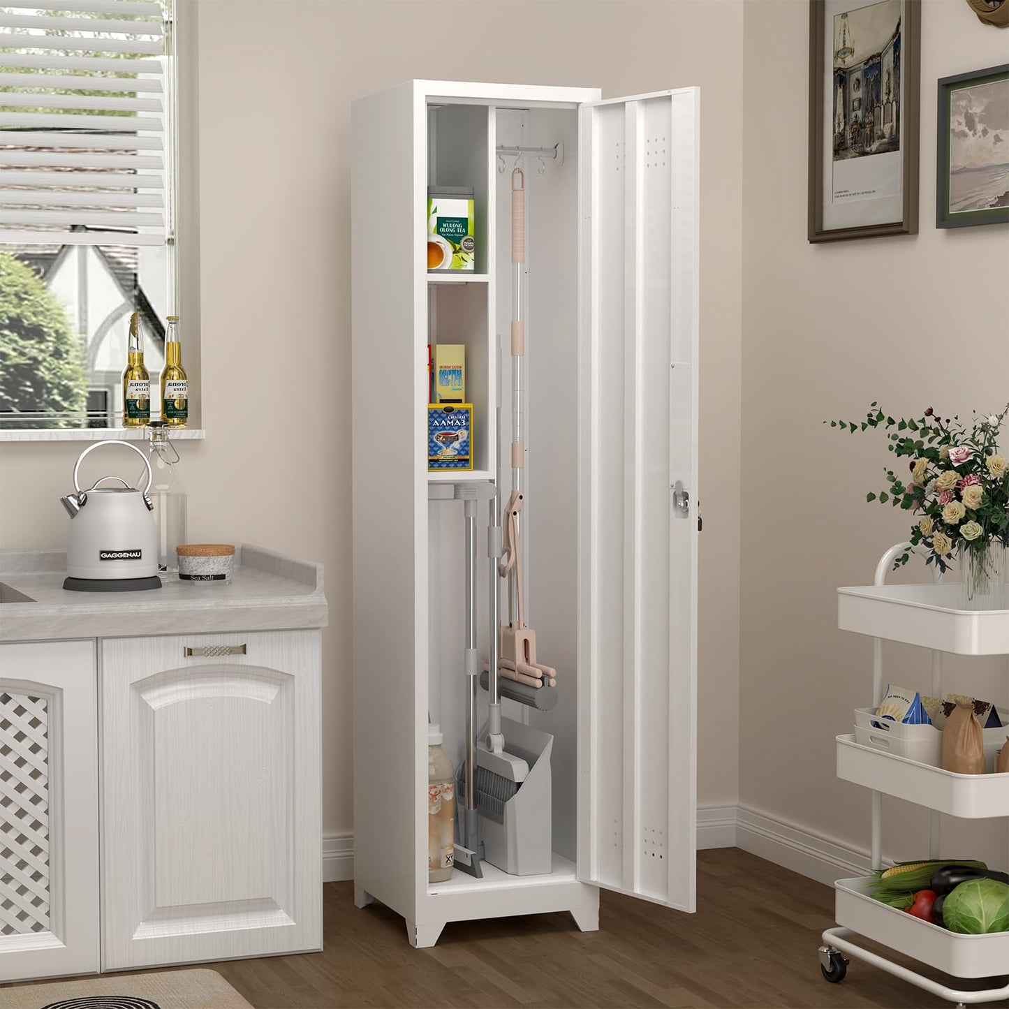 IRONFFICE Tall Broom Closet Storage Cabinet,Narrow Metal Storage Cabinets for Brooms and Mops,Slim Utility Cabinets with Doors,Broom Cabinet for Laundry,Living Room,Office,White