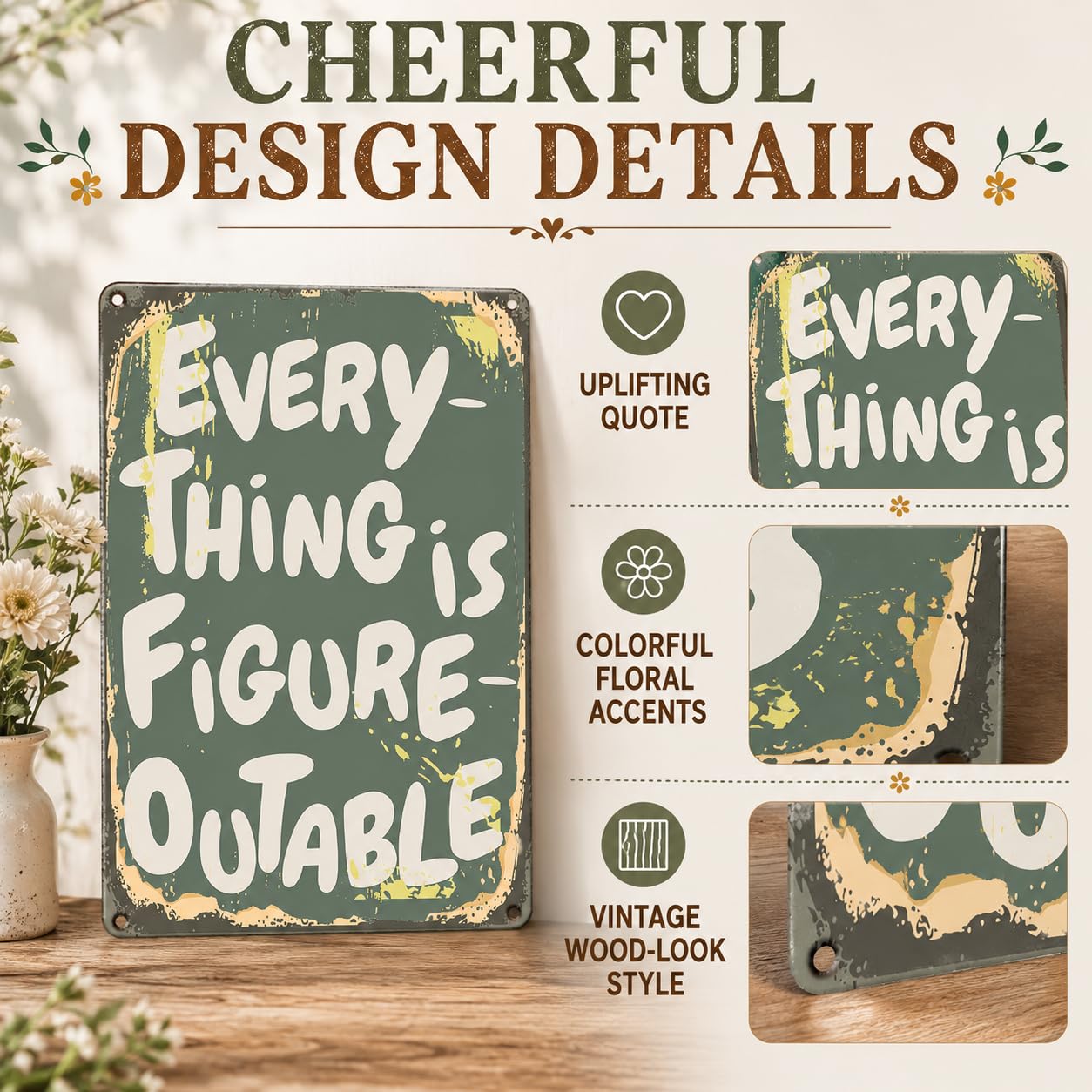 Everything Is Figureoutable Metal Sign 8x12 Inch, Inspirational Quote Wall Decor, Motivational Aluminum Plaque for Home Office Classroom, Positive Gift Idea