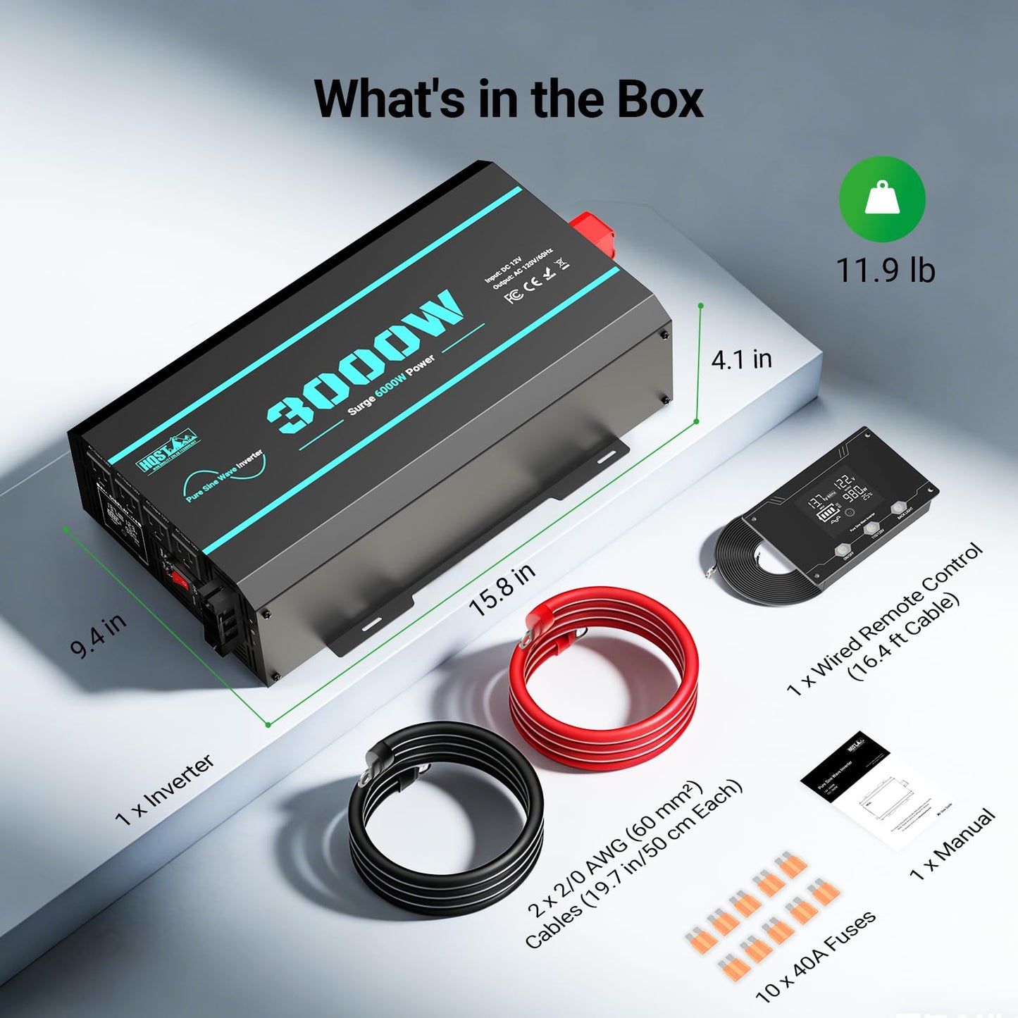HQST 3000W Pure Sine Wave Inverter 12V DC to 110V AC Converter, w/ 6000W Peak, GFCI Protection, 4X AC Sockets, Hardwire Port, Remote, Solar Power Inverters for Vehicles, Camping, RVs, Home, Off Grid