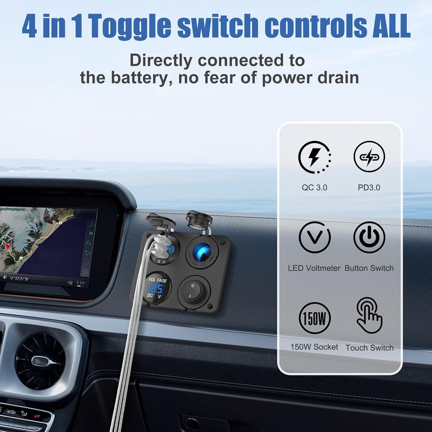 12 12V PD30W QC18W 150W 4 1 Volt USB Outlet RV Accessory Marine Switch Panel, Dual and Car USB Port Aluminum Charger