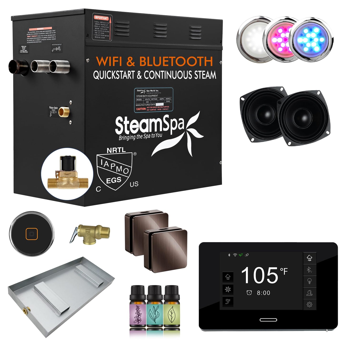 SteamSpa Steam System 12kW Steam Shower Generator with Bluetooth Wifi, Quickstart Continous Steam, Advanced Touch Pad Screen, Chroma Lights, Drain Pan and Auto Drain Oil Rubbed Bronze RVBS1200ORB-A