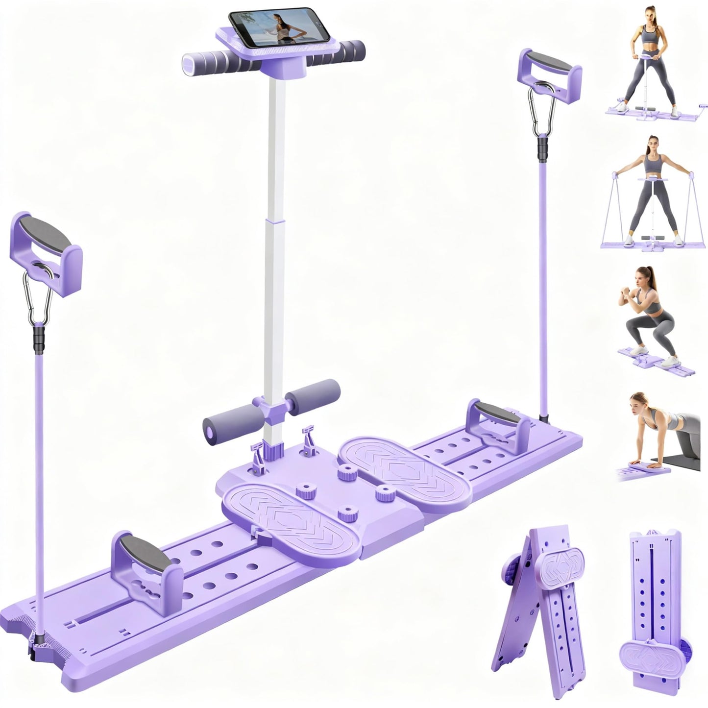 Pilates Reformer Board, Portable Foldable Reformer Board with Handrail & Phone Holder, 5-in-1 Mini Pilates Machine for Beginners & Postpartum Recovery, Multifunctional Home Pilates Workout Slider Set