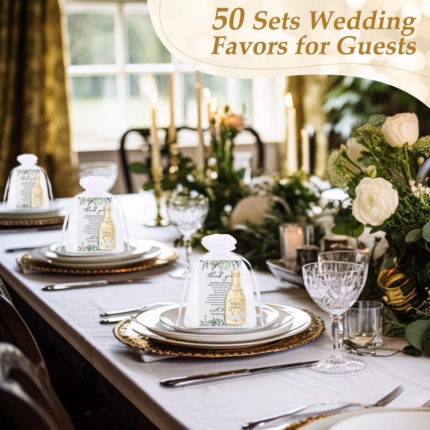 Suclain 50 Sets Wedding Favors for Guests Bulk Wedding Souvenirs Include Cheers to Love Bottle Openers Thank You Cards and Organza Bags Bridal Shower Gifts Decorations