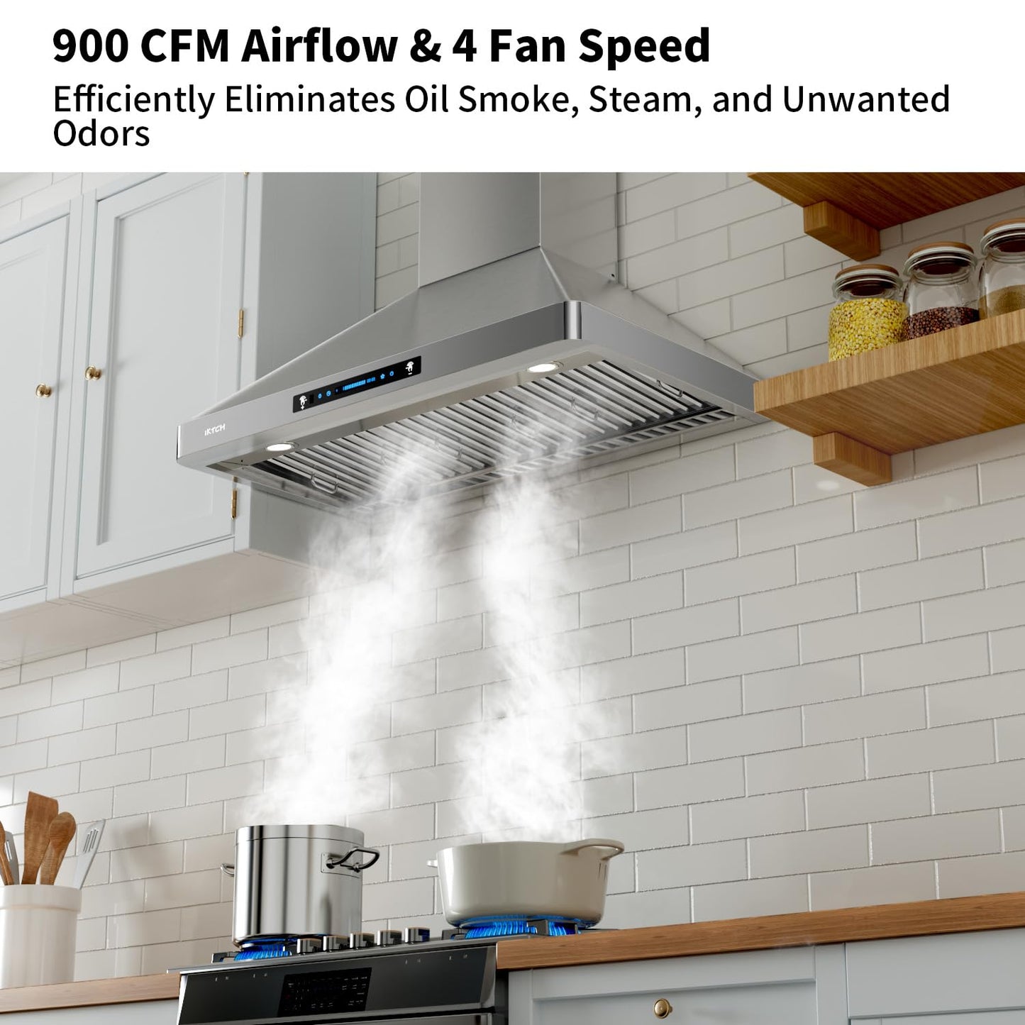 IKTCH 36 inch Wall Mount Range Hood, 900 CFM Ducted/Ductless Range Hood with 4 Speed Fan, Pure Stainless Steel with Gesture Sensing & Touch Control Making life Smarter IKP02R-36