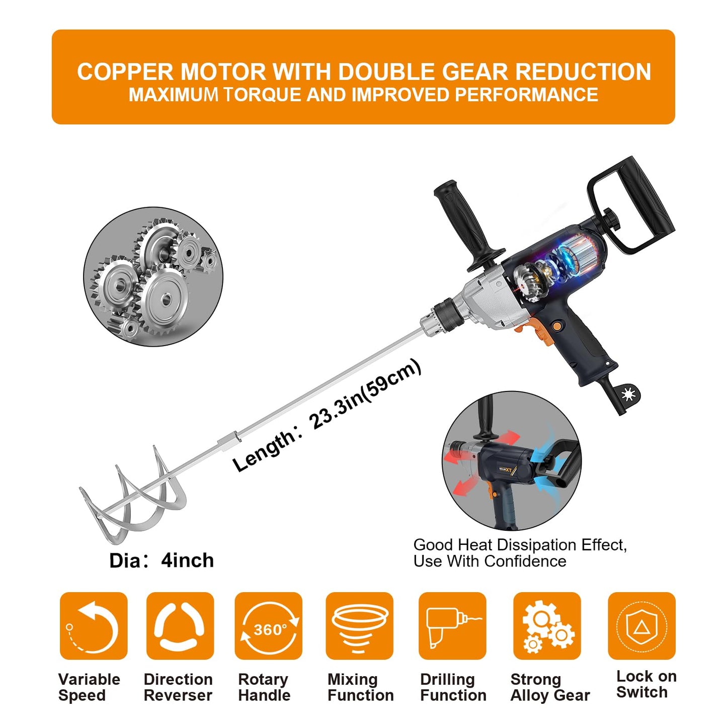 MAXXT Drill Mixer Set with Spade Handle 1/2 inch Electric Corded Mixing Drill Machine 9A Motor Concrete Mud Mixer