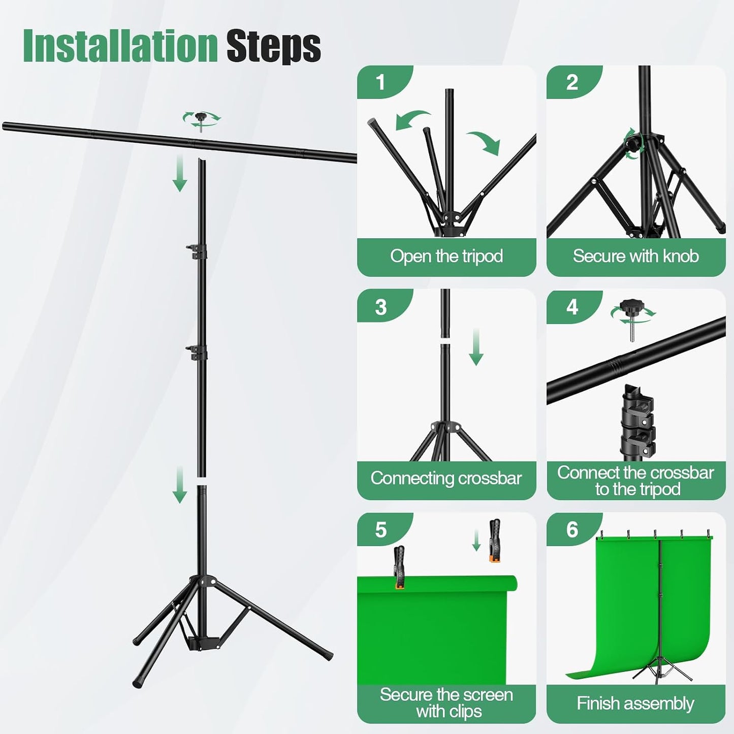 Qoolfoto 57ft 5 Green Screen Backdrop Kit, Portable Greenscreen Background with Adjustable T-Shaped Stand, Clamps