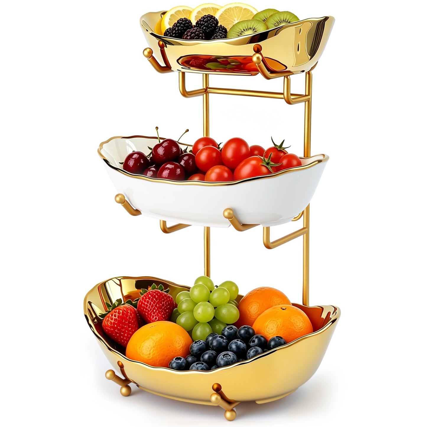 HOMKULA Ceramic Fruit Bowl for Kitchen Counter - 3 Tier Fruit Basket with Metal Stand, Tiered Fruit Stand for Countertop, Snack, Nuts, Cake, Dessert, Small & Cute (Gold & White,Small) 2