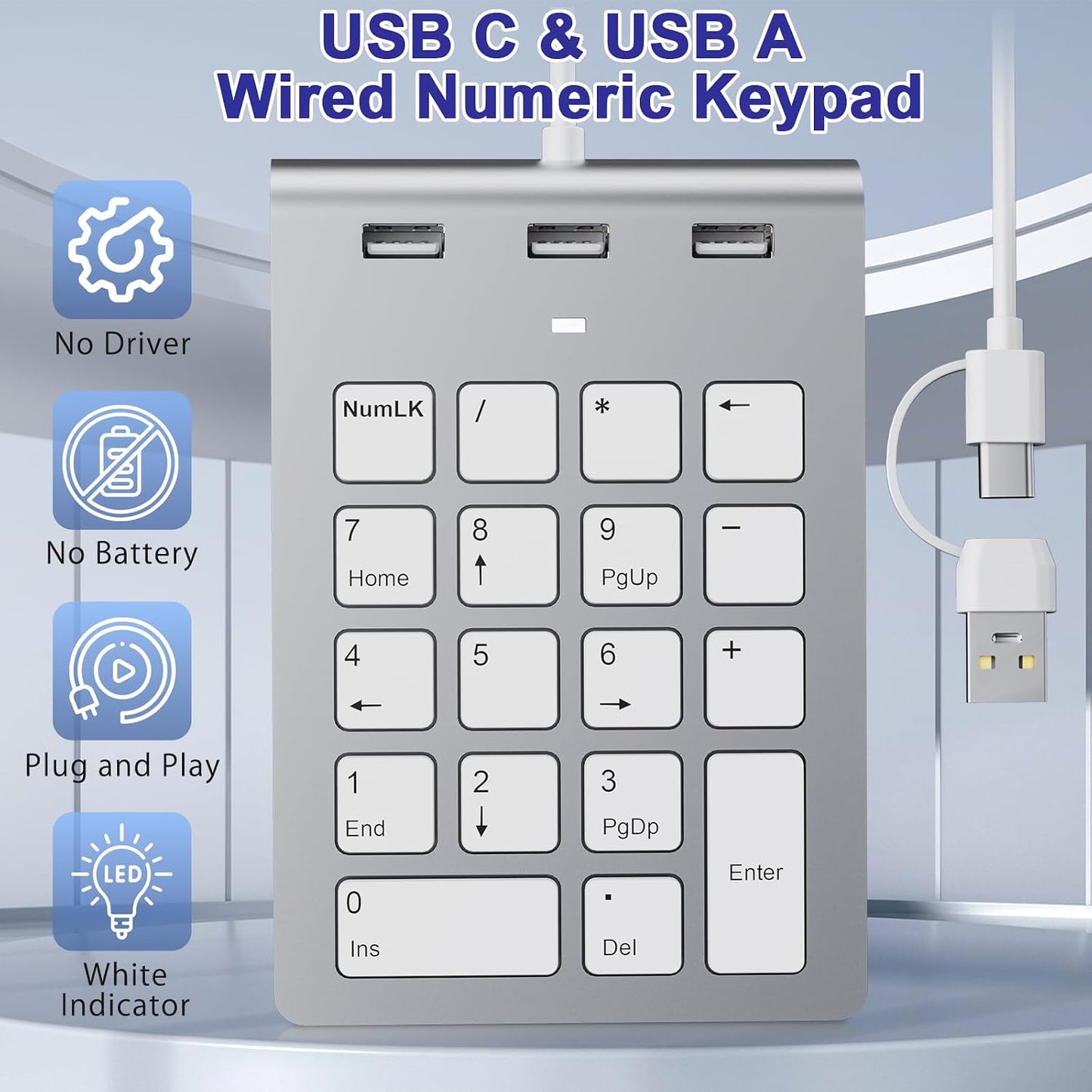 Bawanfa Plus 3 2.0 18 USB C Wired Number Pad, USB Numeric Keypad with USB Ports, Key Number Pad Portable Slim Mini