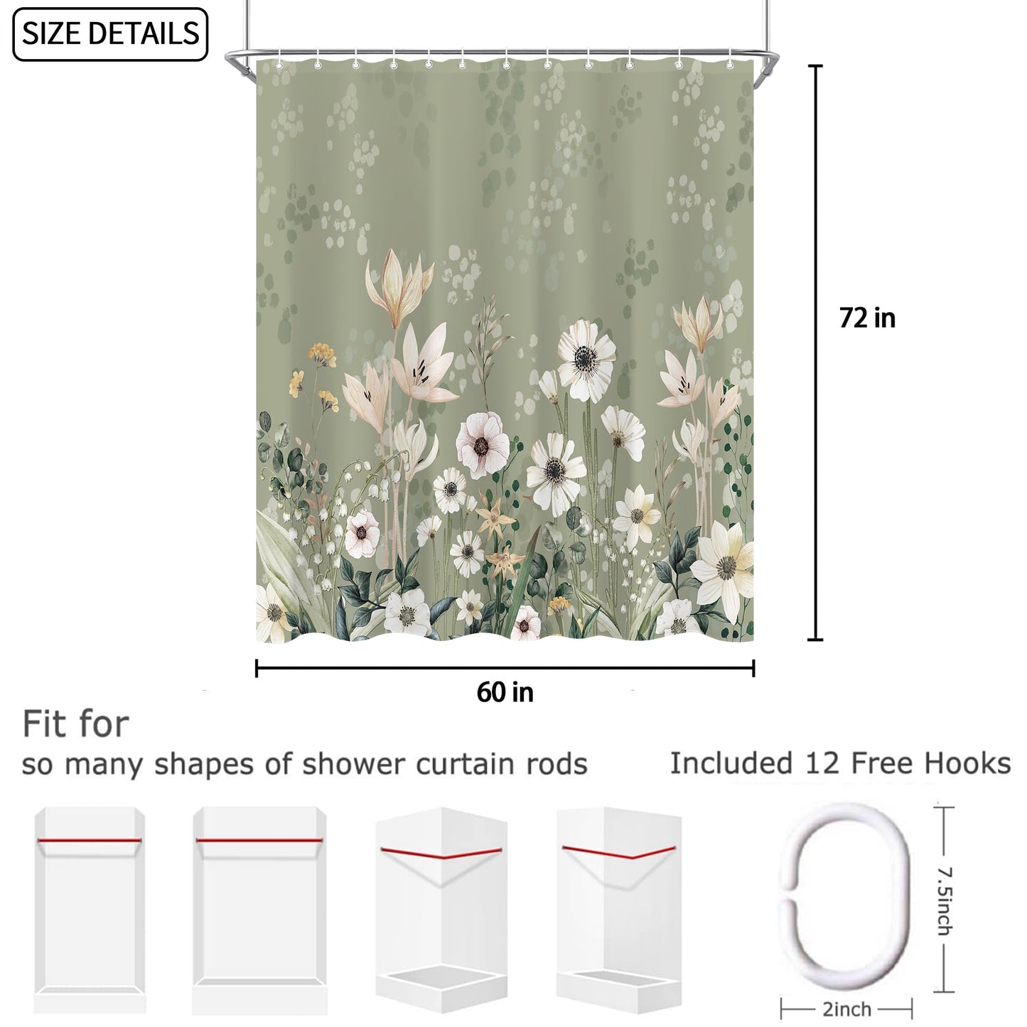 oolygoo Green Boho Floral Shower Curtain 60"X72" Flower Shower Curtain Set for Bathroom Plant Botanical Leaves Chic Pretty Waterproof Bathtub Curtain Decor Wildflower Bathroom Curtain with 12 Hooks