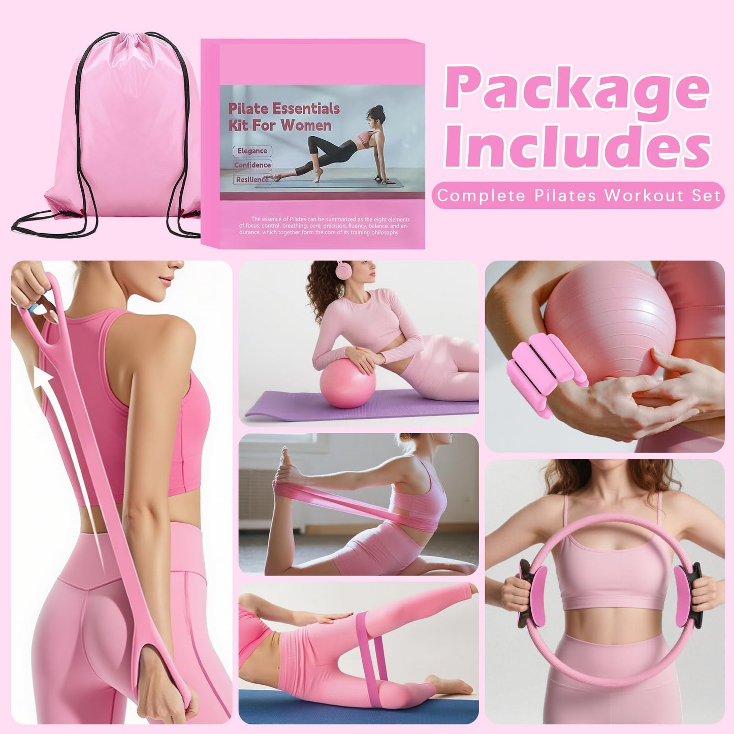 VIOXIA Pilates Kit for Home Workouts – Pilates Equipment Set with Ring, Ball, Resistance Bands, Pilates Accessories, Pilates Essentials Kit for Women, Pilates Sets for Home Exercise（Pink）
