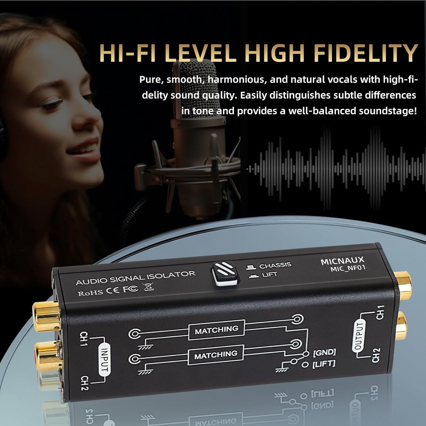 Audio Hum Eliminator Ground Loop Noise Isolator (No Affects Bass), Dual Channel Gold Coating Aluminum Shell Noise