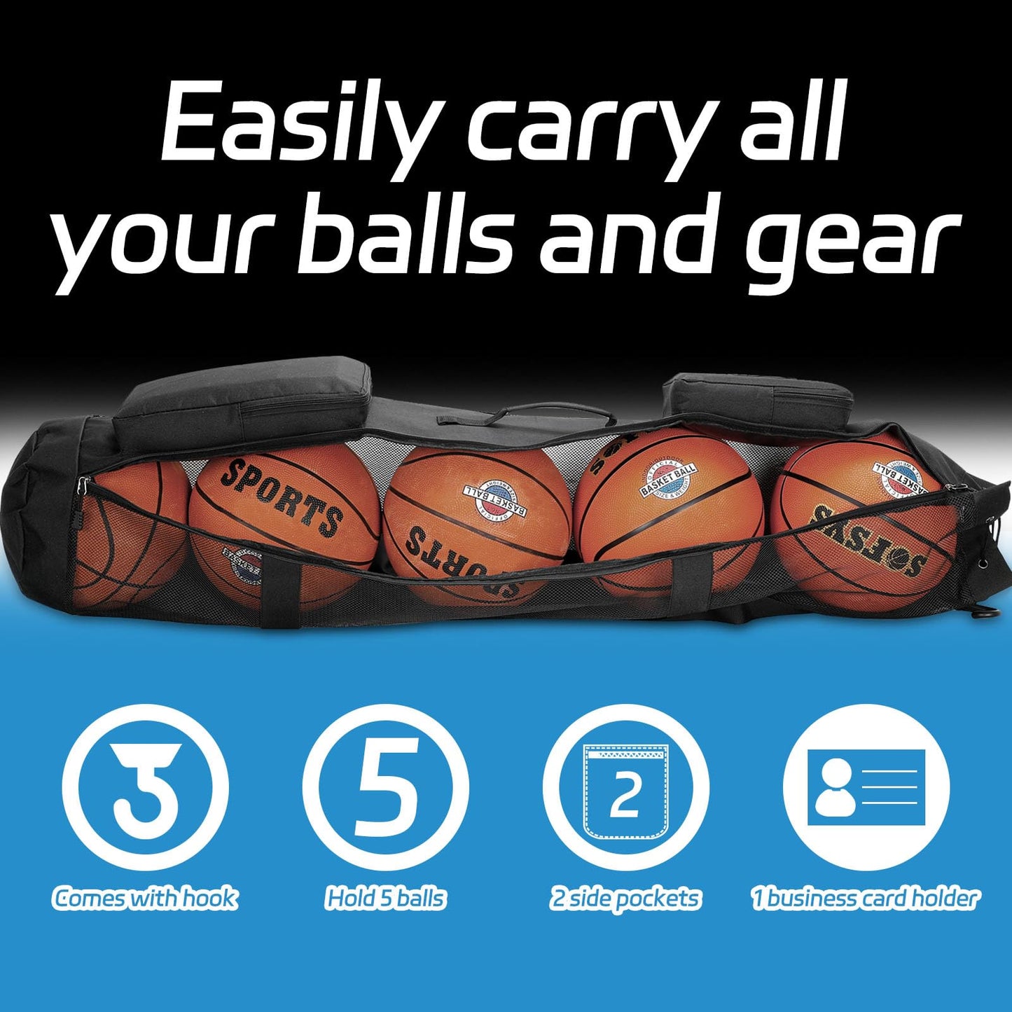Skureay Basketball Bag for Team Balls, Heavy Duty Basketball Coashes Bag for 5 Basket Balls - Mesh Bags for Coaching/Adjustable Shoulder Straps/Volleyball Accessories