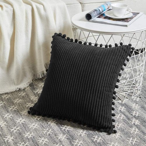 Fancy Homi Decorative Throw Pillow Covers - Set of 2 Black Pom-Pom Cushions | 12x12 Inch Soft Plush for Modern Farmhouse Decor