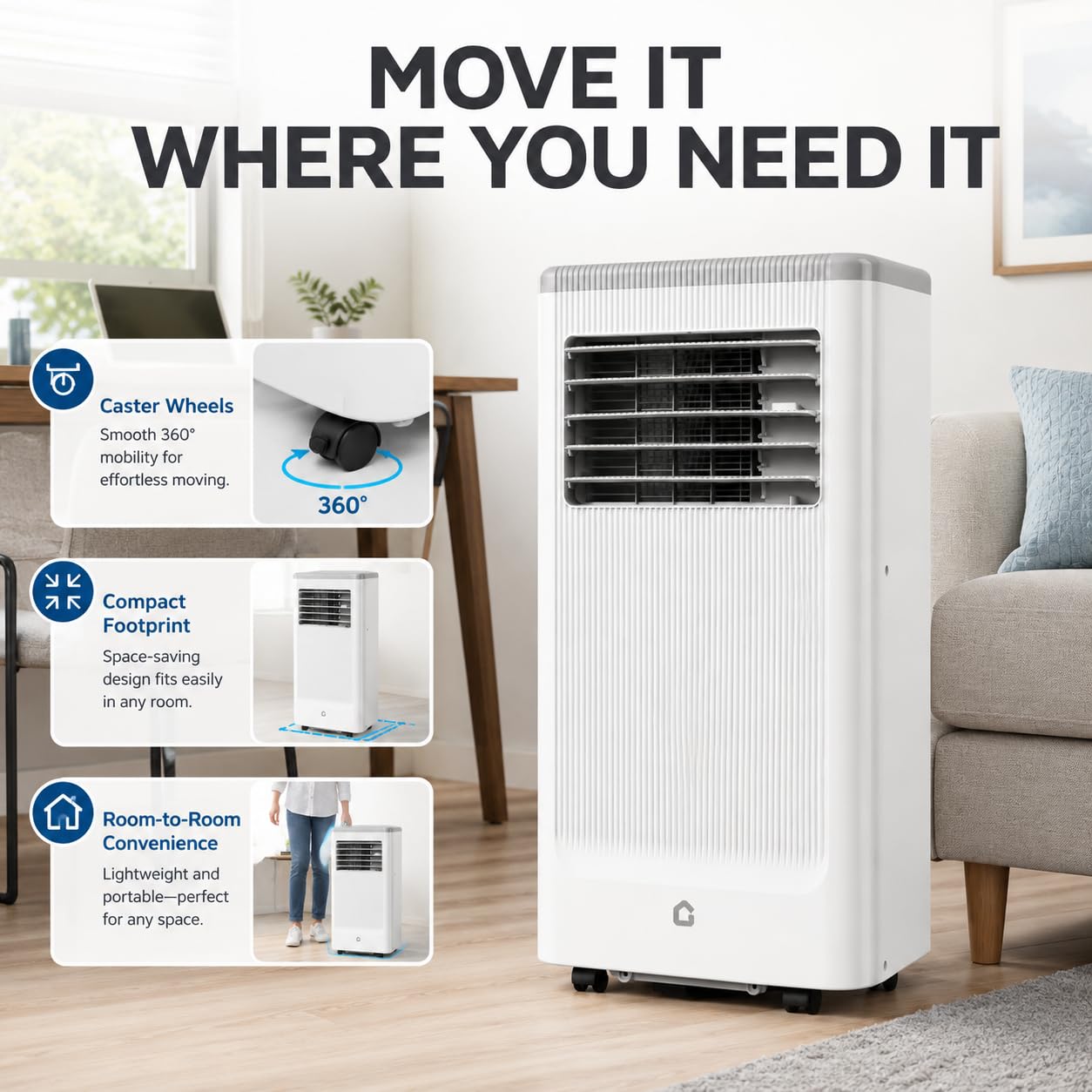 GarveeLife 8,000 BTU Portable Air Conditioner for Bedroom Office Dorm, Cools up to 350 Sq. Ft, 3-in-1 Compact AC Unit with Cooling, Dehumidifier, Fan Modes, Remote Control and Window Kit, White