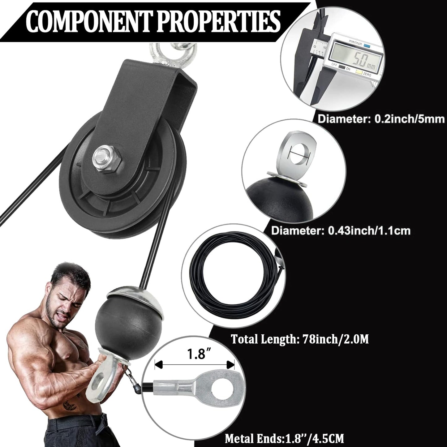 Taeku Fitness Pulley Cable, Heavy-Duty 6mm Steel Wire Rope for Home Gym, Adjustable Replacement Cable for Weightlifting, LAT Pulldown, and Cable Machine Accessories (78in)
