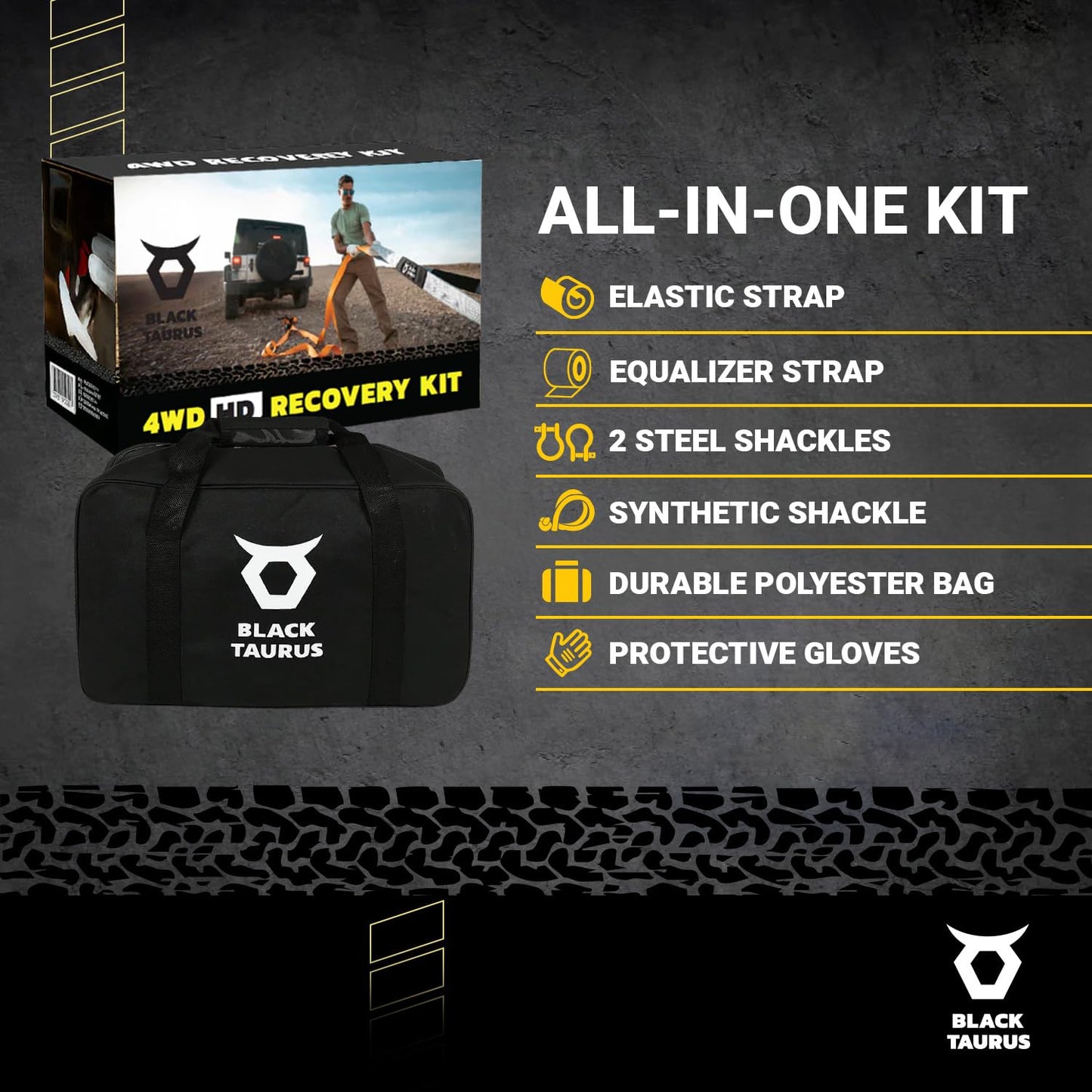 Black Taurus Complete Off-Road Recovery Kit – 2-3/8" 30' HD Snatch Strap 17,600lbs, 10' Equalizer Strap 13,200lbs, Steel D-Shackles, 30,000lbs HMPE Soft Shackle, Gloves & Storage Bag Recovery Gear
