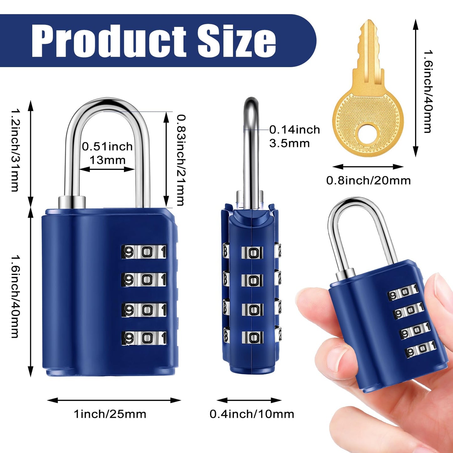 Kenning Combination Padlock 4 Digit Combination Lock with Keys Locker Resetable Security Outdoor Waterproof Gate Lock for School Sports Gym Locker Employee Fence Case(Sapphire,10 Pcs)