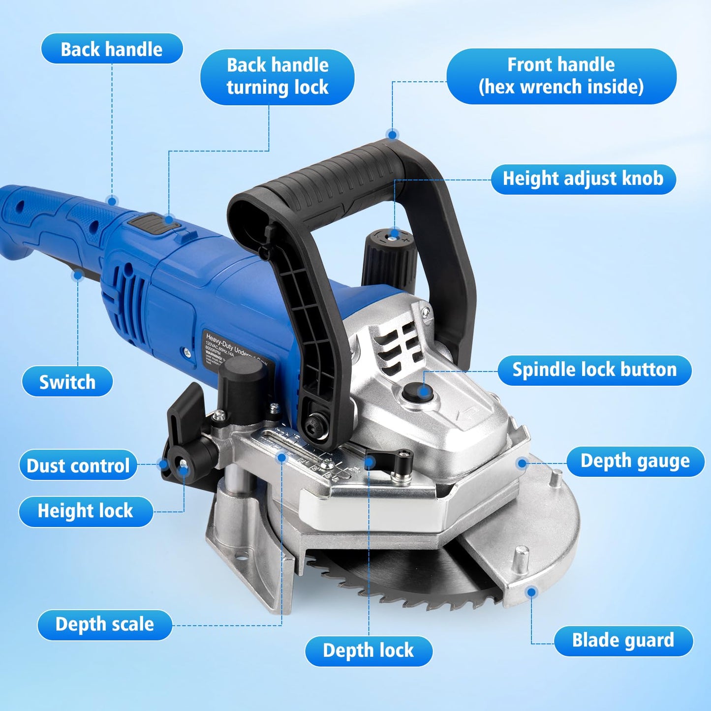 igooo Heavy-Duty Undercut Saw Jamb Saw Kit 1800W 2.5HP 120V 60Hz, with Two 6.5" Alloy Blade (Wood) and One Diamond Blade (Tiles and Masonary), 13ft Cord, Model EUS1800