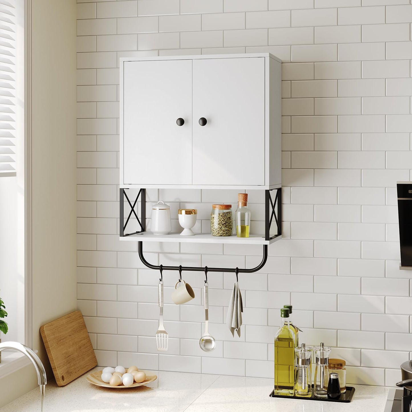 MAHANCRIS Bathroom Wall Cabinet with 2 Door and Adjustable Shelf, Farmhouse Medicine Cabinet with Towel Rack, 3-Tier Wall Mounted Storage Cabinet Over The Toilet for Bathroom, 18.9" L, White