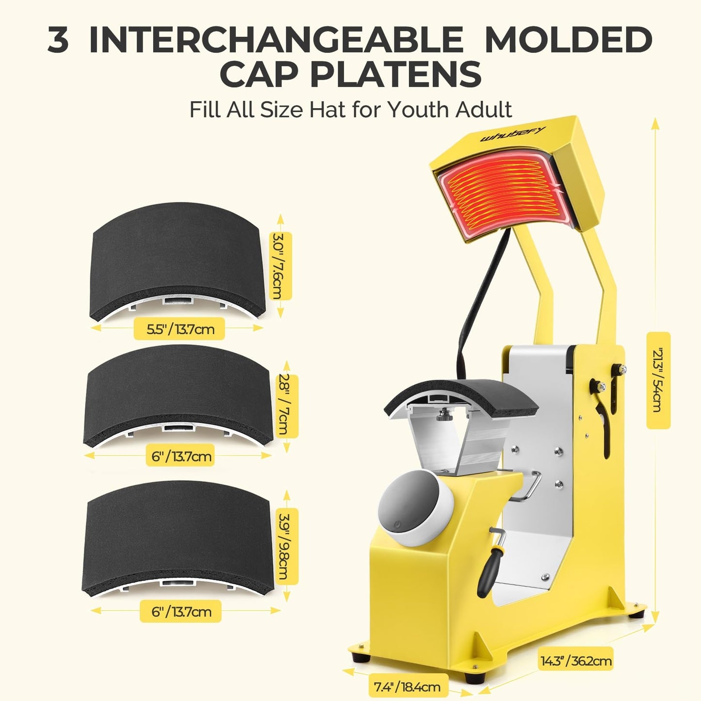 Whubefy 3-in-1 Auto Hat Heat Press Machine for Caps w/3pcs Interchangeable Platens, Automatic Release & Press, Knob-Style Digital Control for Hats T-Shirts Bags HTV and Sublimation Projects