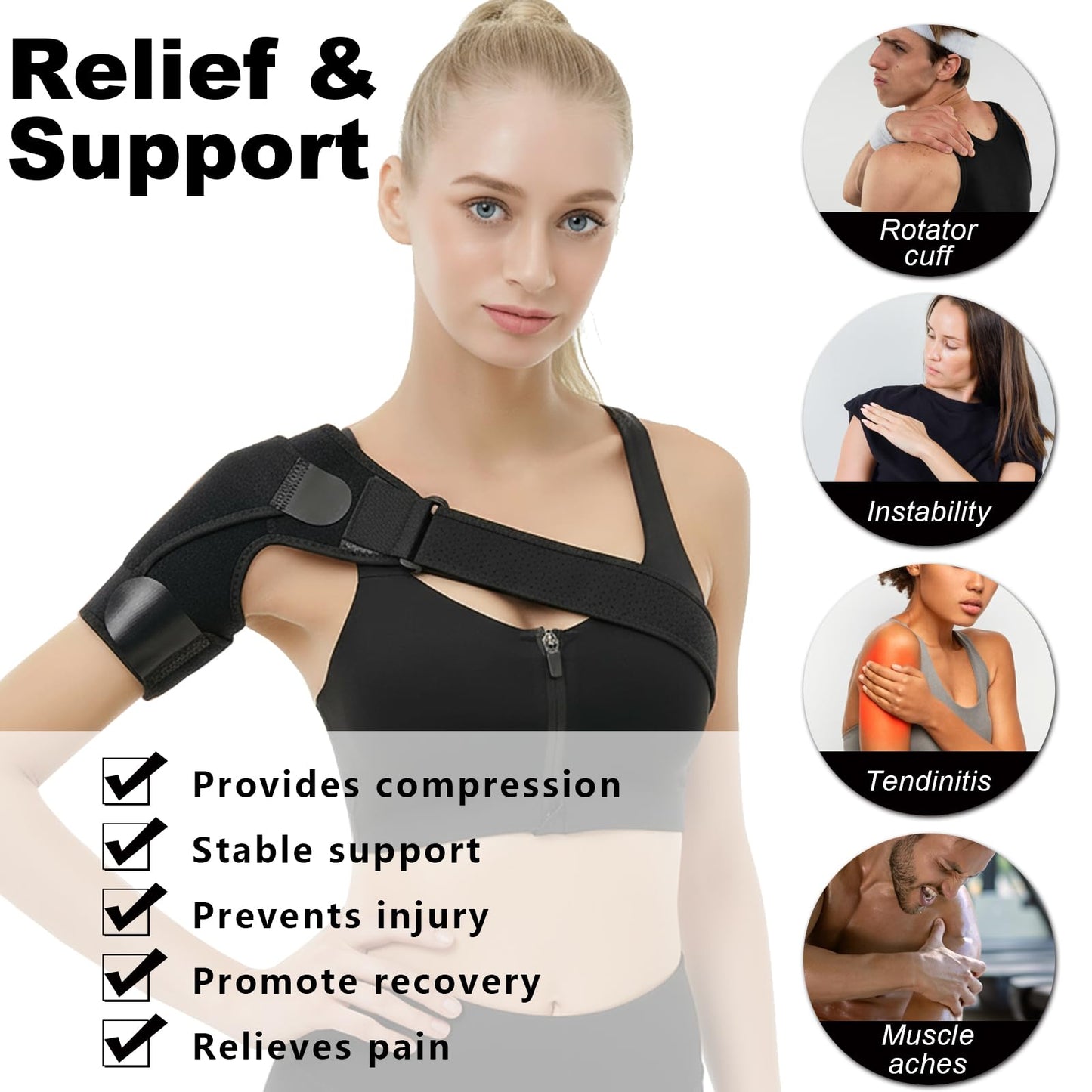 Charunee Shoulder Brace for Men & Women, Adjustable Shoulder Compression Sleeve Fits Left & Right Arms, Breathable Rotator Cuff Relief Brace for Pain Relief Compatible with Hot/Cold Pack (1, Black)