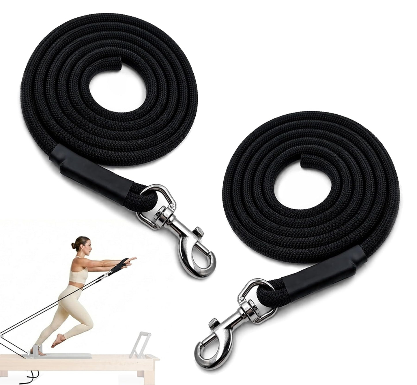 Lights Mountain Pilates Reformer Replacement Ropes (2 Pack), 110” Extra Long 8mm Nylon Rope with Metal Grommet, Heavy Duty Low-Noise Pulley Rope for Reformer, Tower & Cadillac-Style Equipment (with hook)