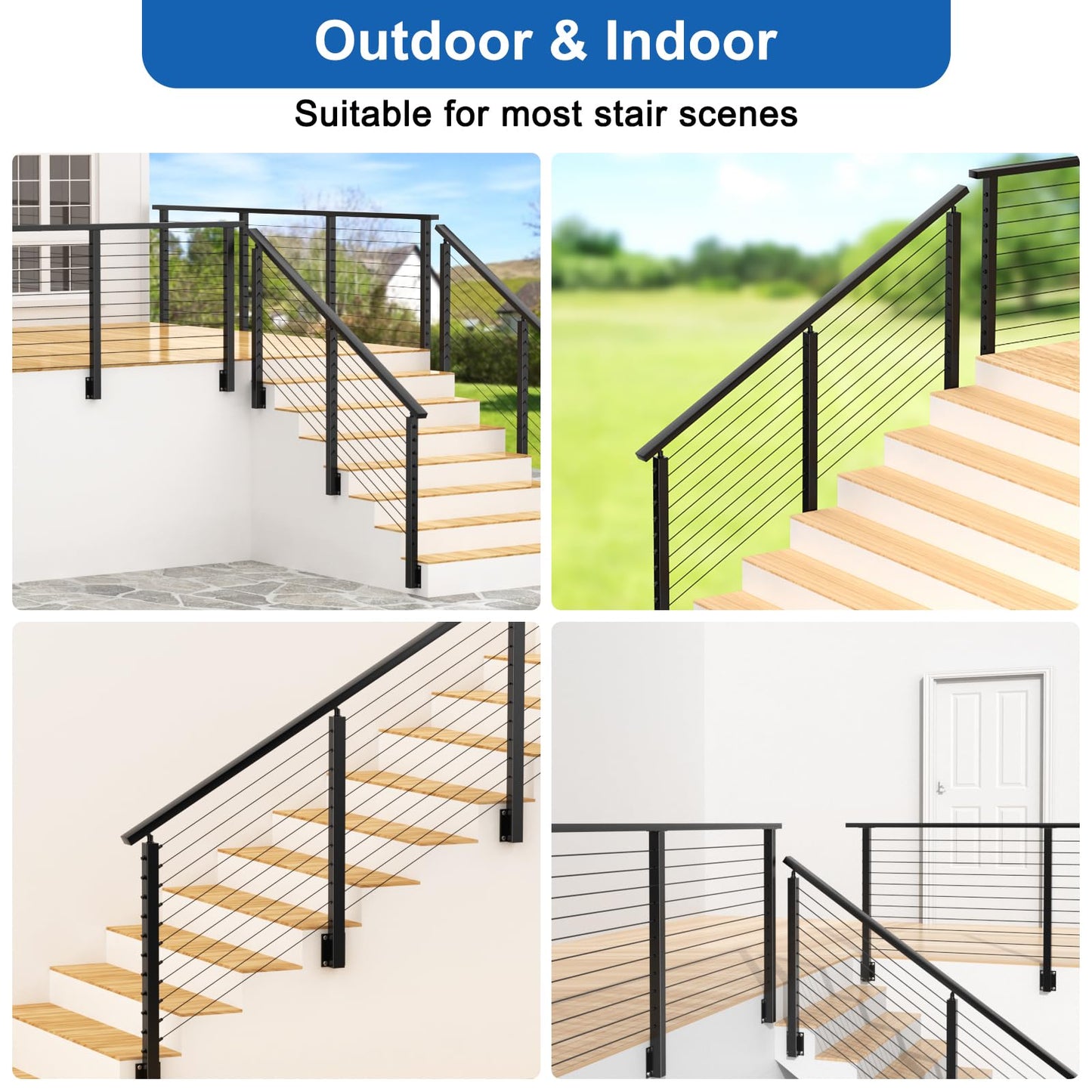 PLANTOP 4-12ft Complete Set 36" Side Mount Cable Railing Post for 25-35 Degrees Stair, 2 Pack Black Left Fascia Mount Stair Post, 150ft 1/8" Cable(No Handrail), Swageless Cable Railing Kit, MY10-SP
