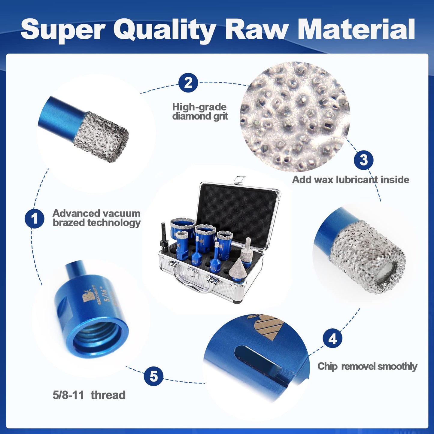 Diamond Core Drill Bit Set BRSCHNITT Diamond Hole Saw for Porcelain Tile Ceramic Marble Granite Drilling with 5/8-11 Thread(6/8/25/35/50/65/100mm Drill bits,10-25mm Finger bit+35mm Chamfer bit.