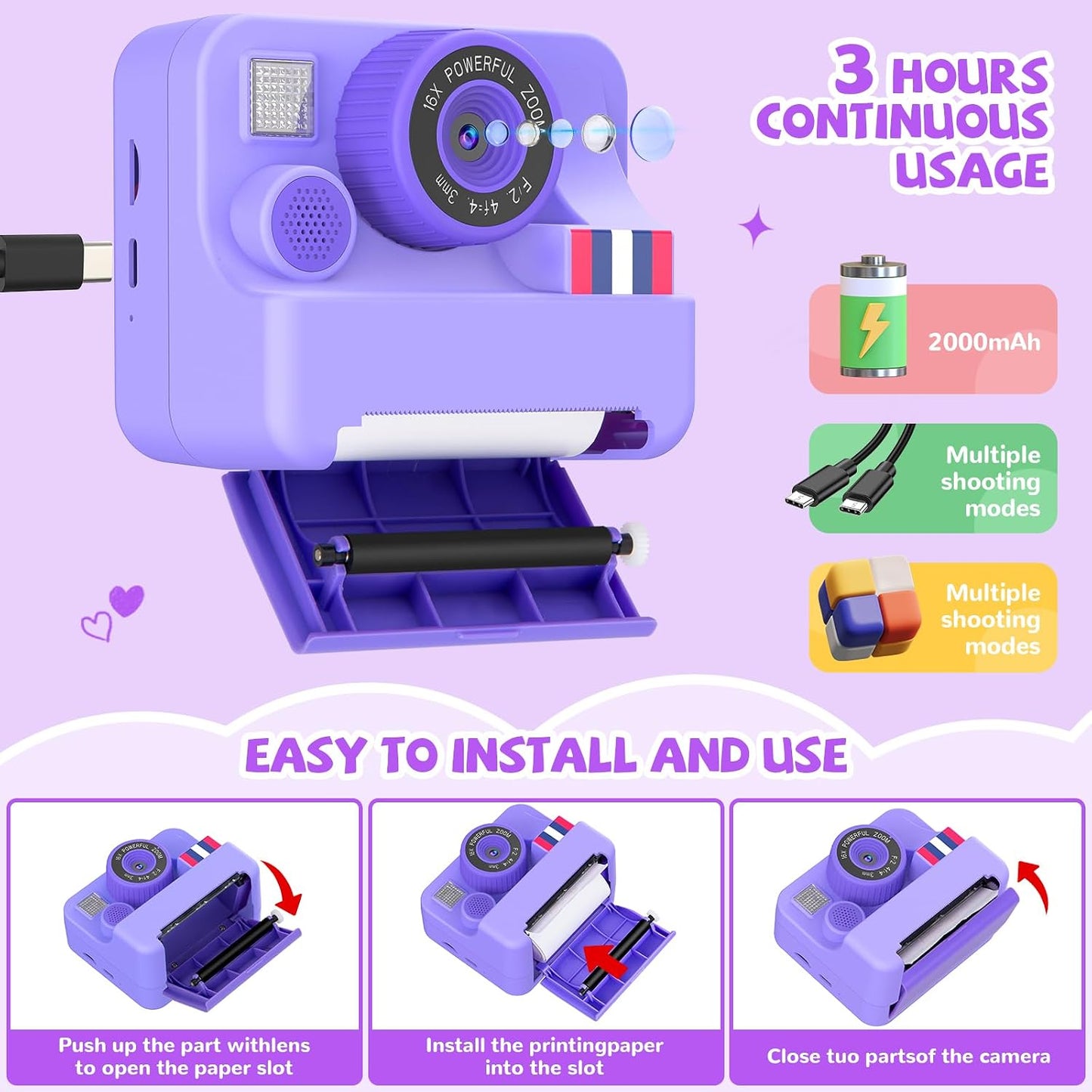 Yosfeng 3 4 5 6 7 8 9 10 2.4 Inch 3-12 32 Instant Print Camera for Kids - Christmas Birthday Girls Gifts for Age Year