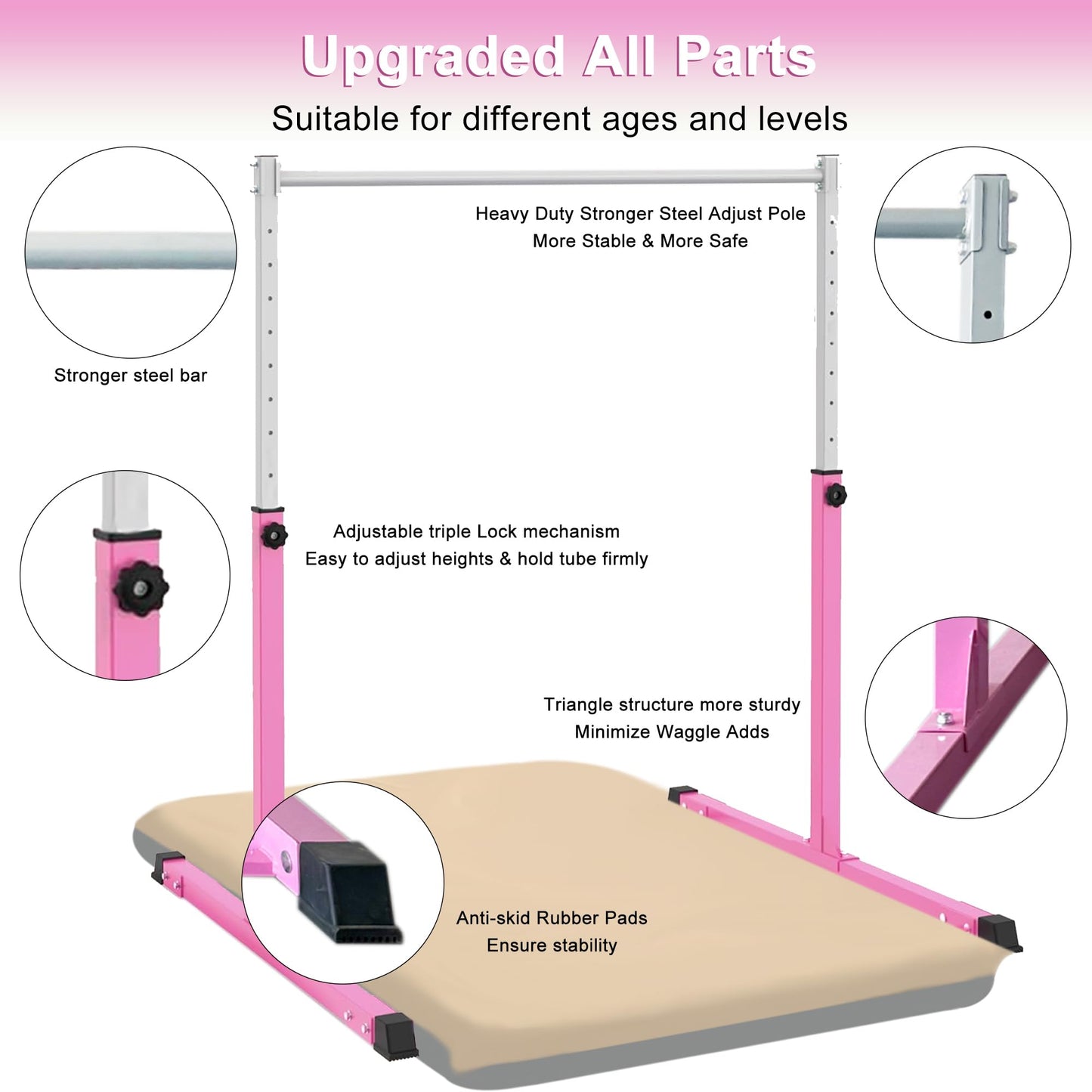 Jivifao Gymnastics Bar with Self-Inflating Mat, 3' to 5' Adjustable Height, Gymnastic Kip Bar Horizontal Bar for Kids Ages 3-15, Anti-Slip and Easy to Assemble, Home Gym Equipment Indoor