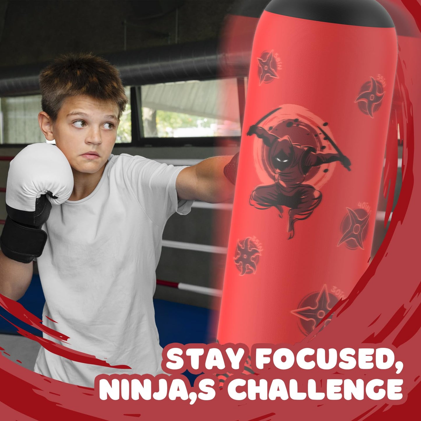 Sunikko X Tall Punching Bag for Kids, Larger 66 Inch Inflatable Stable Boxing Bag for Teens, Ninja Shuriken Toy Gifts for Boys Girls, Boxing Set with Gloves and Pump for Practicing Karate Taekwondo