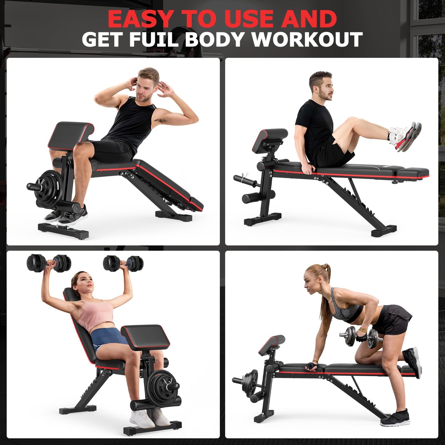 Fostoy Foldable Workout Bench, Adjustable Weight Bench for Home Gym, Multi Functional Gym Bench w/Leg Extension &Preacher Pad, Extra Headrest, Fast Folding Strength Training Incline Sit up Bench 800LB