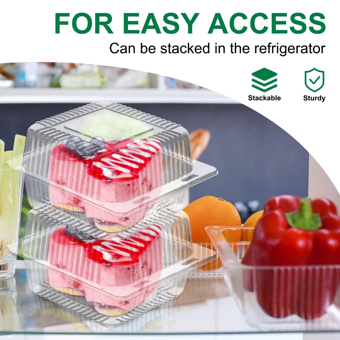 TOFLEN 100 Pack Plastic Clamshell Food Containers, Clear Square Cake Slice Containers with Hinged Lids, Disposable To Go Boxes for Mini Cake, Salad, Sandwich, Dessert, Cookie