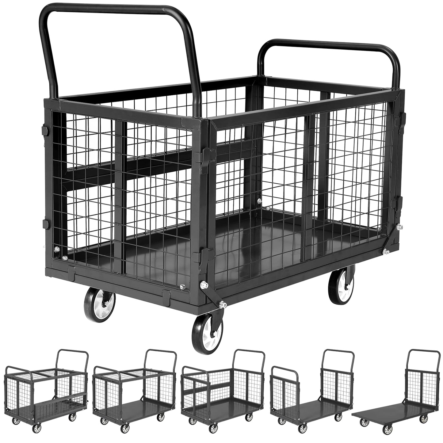 Garvee Heavy Duty Platform Truck Cart with Cage,39 x 24in Hand Moving Cart 2000LBS Capacity Multi-Functional Cage Carts with Basket for Warehouse Luggage Moving,Black